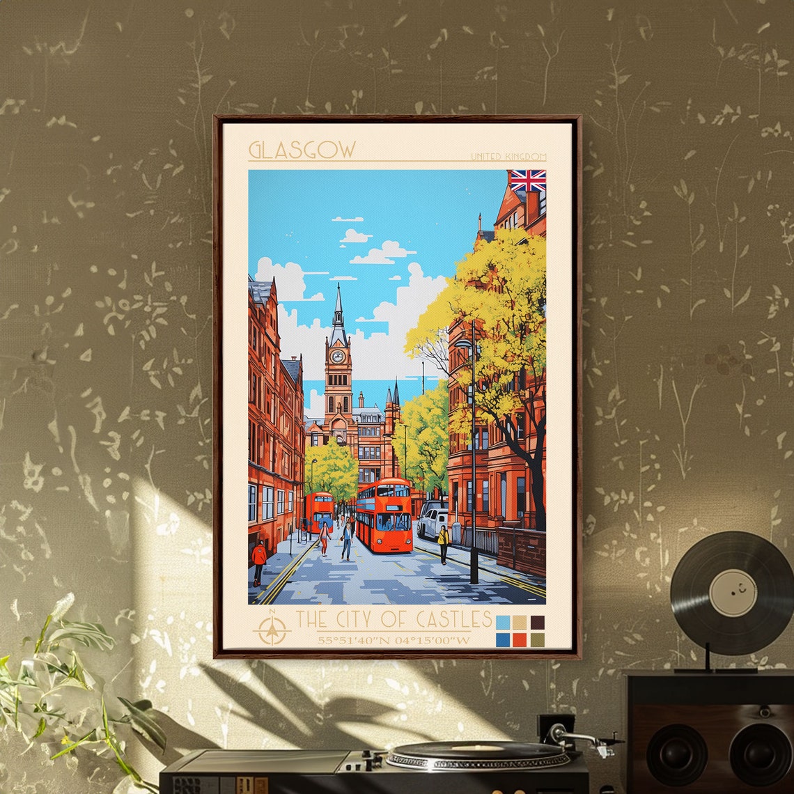 Glasgow United Kingdom Red Brick Street Clock Tower Buses Poster - Image 5