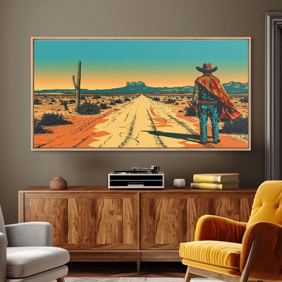 Western Cowboy In Desert Landscape Rustic Wall Art Framed Print Boho Bedroom Decor Vintage Home Decoration
