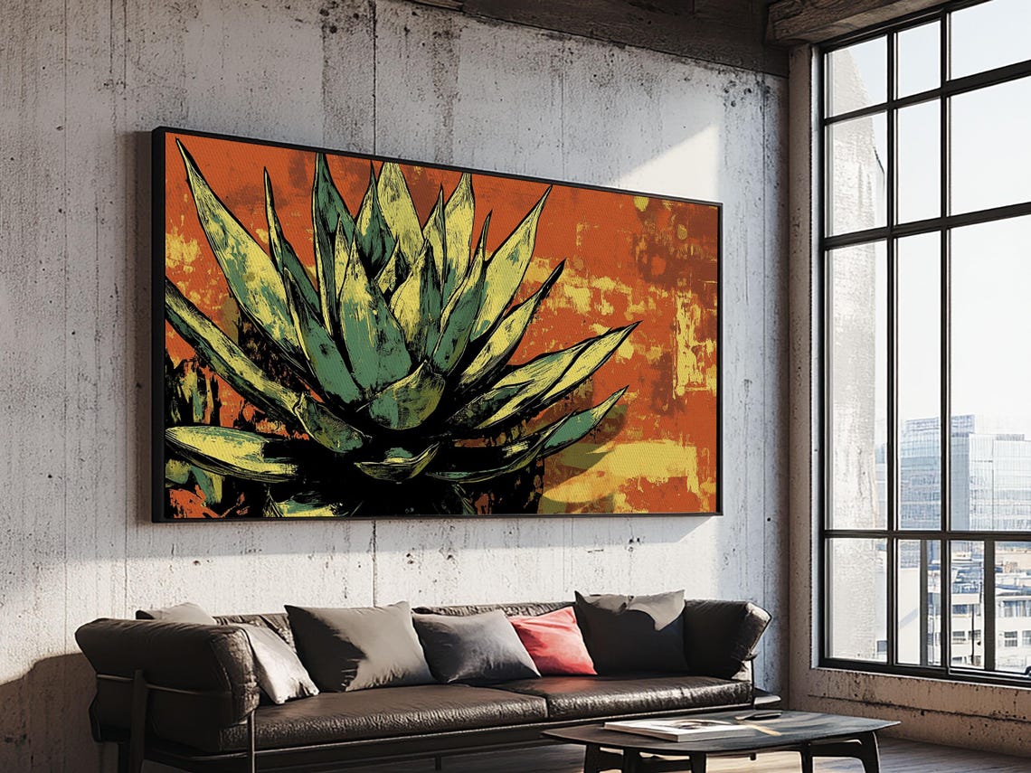 Blue Agave Pop Art Bold Orange Background Desert Plant Wall Art - Image 2