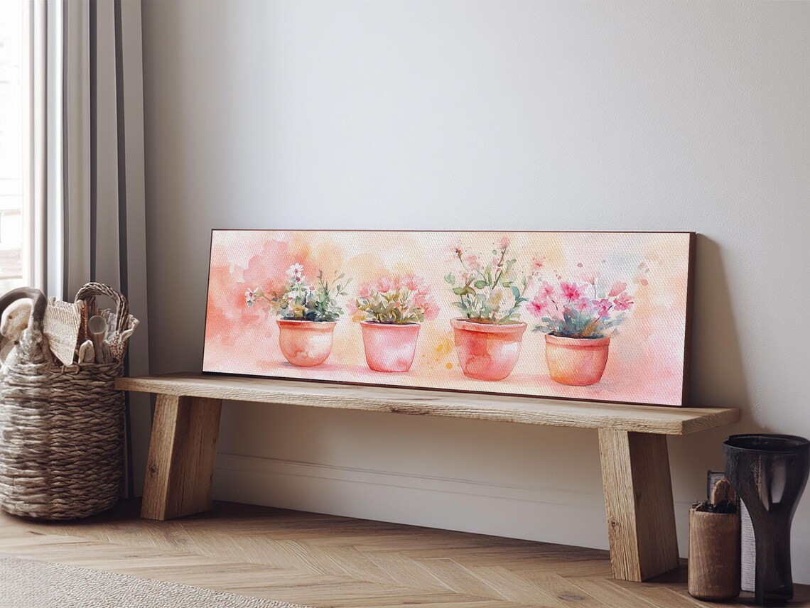 Potted Flower Blooming Plants Pink Watercolor Botanical Wall Art - Image 5