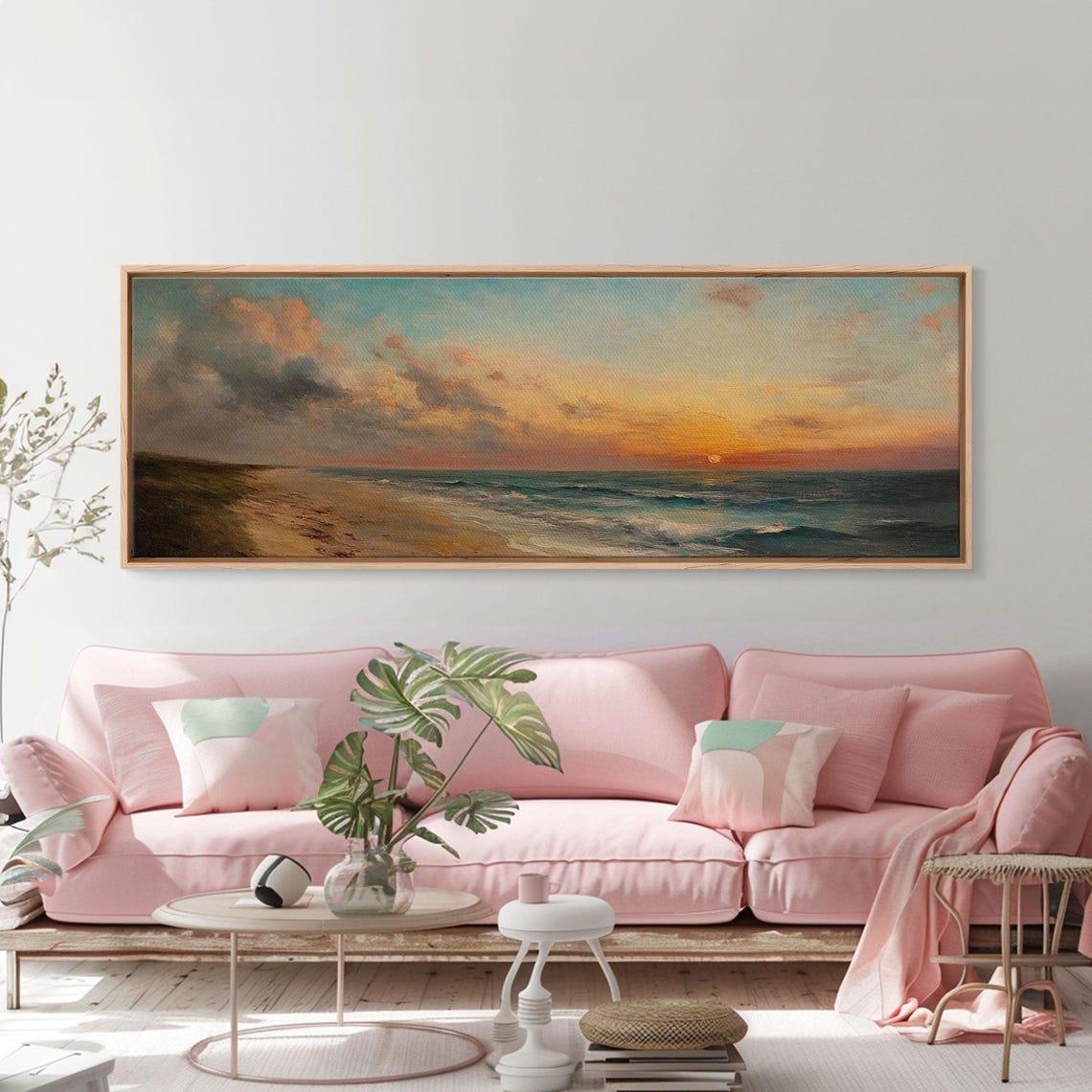 Muted Beach Sunset Calm Ocean Waves Vintage Oil Travel Poster - Image 3
