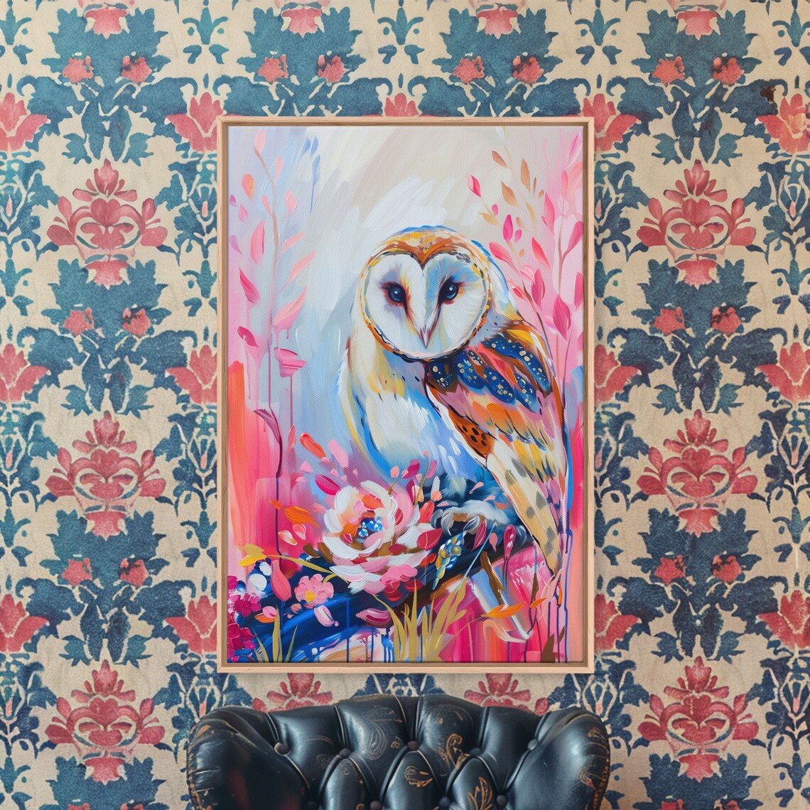 Barn Owl With Flowers In Pink Blue And Orange Colorful Art Poster - Image 3