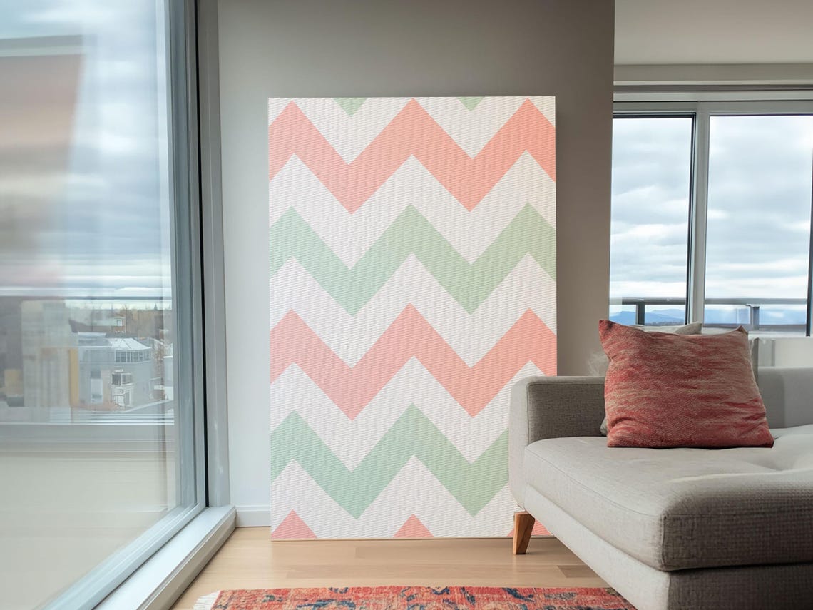 Mint Green Blush Pink Chevron Stripes Pastel Geometric Wall Art - Image 6