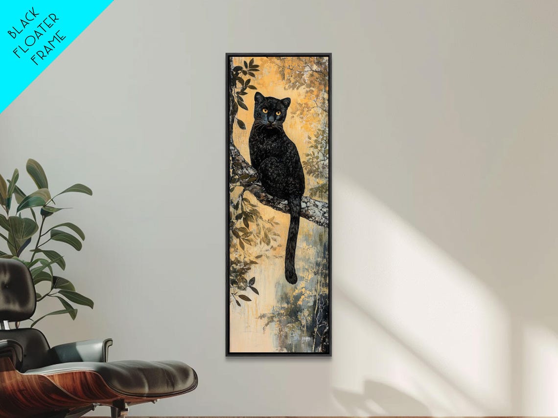 Black Panther on Tree Branch Golden Jungle Big Cat Night Wall Art