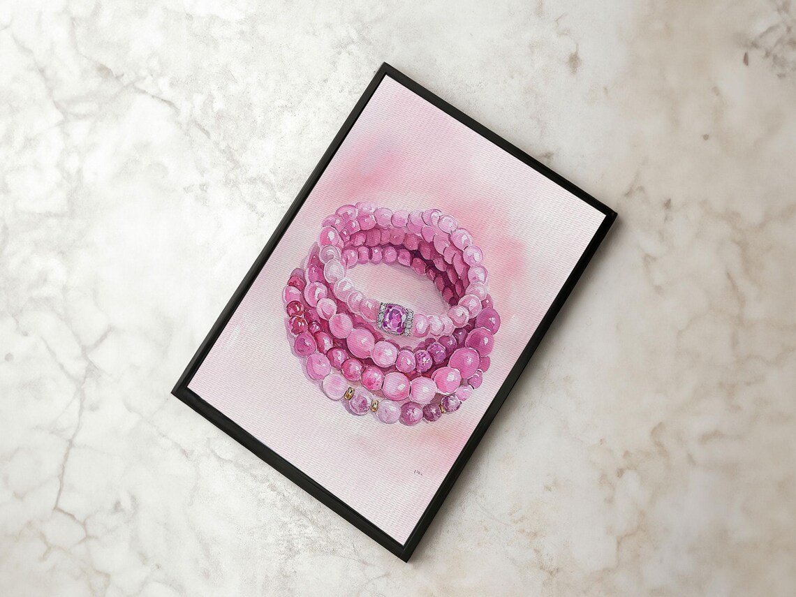 Pink Beaded Bracelet Watercolor Gemstone Jewelry Art Room Poster - Image 3