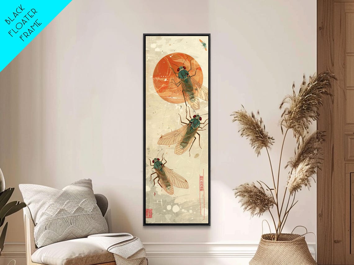Cicadas With Red Sun Vintage Japanese Woodblock Skinny Tall Poster - Image 2