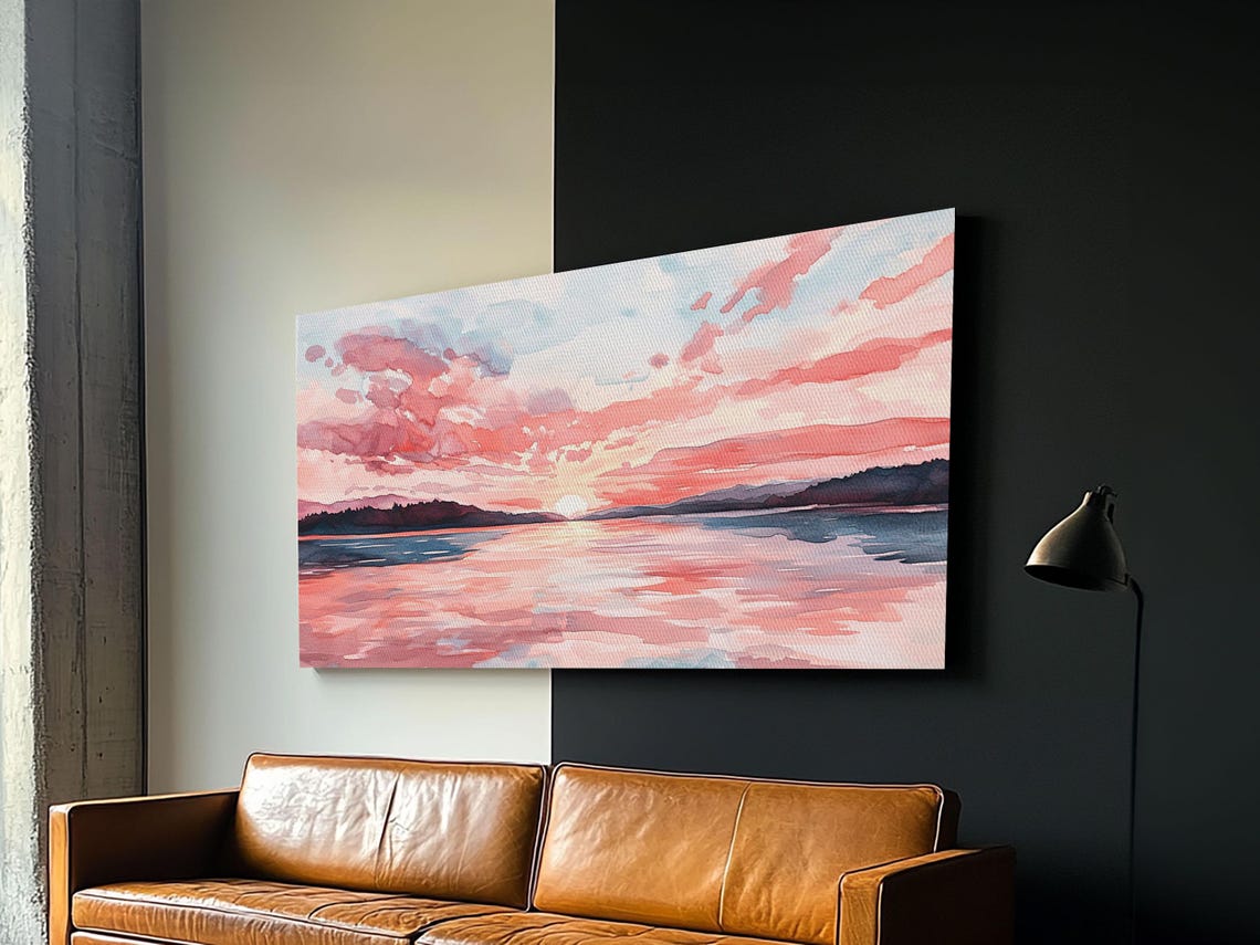 Pink Sunset Seascape Watercolor Sun Over Calm Water Ocean Poster - Image 3