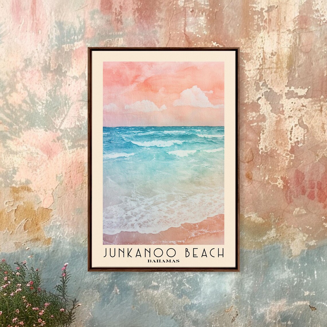 Junkanoo Beach Bahamas Pink Sky Turquoise Surf Waves Watercolor Art Poster - Image 4