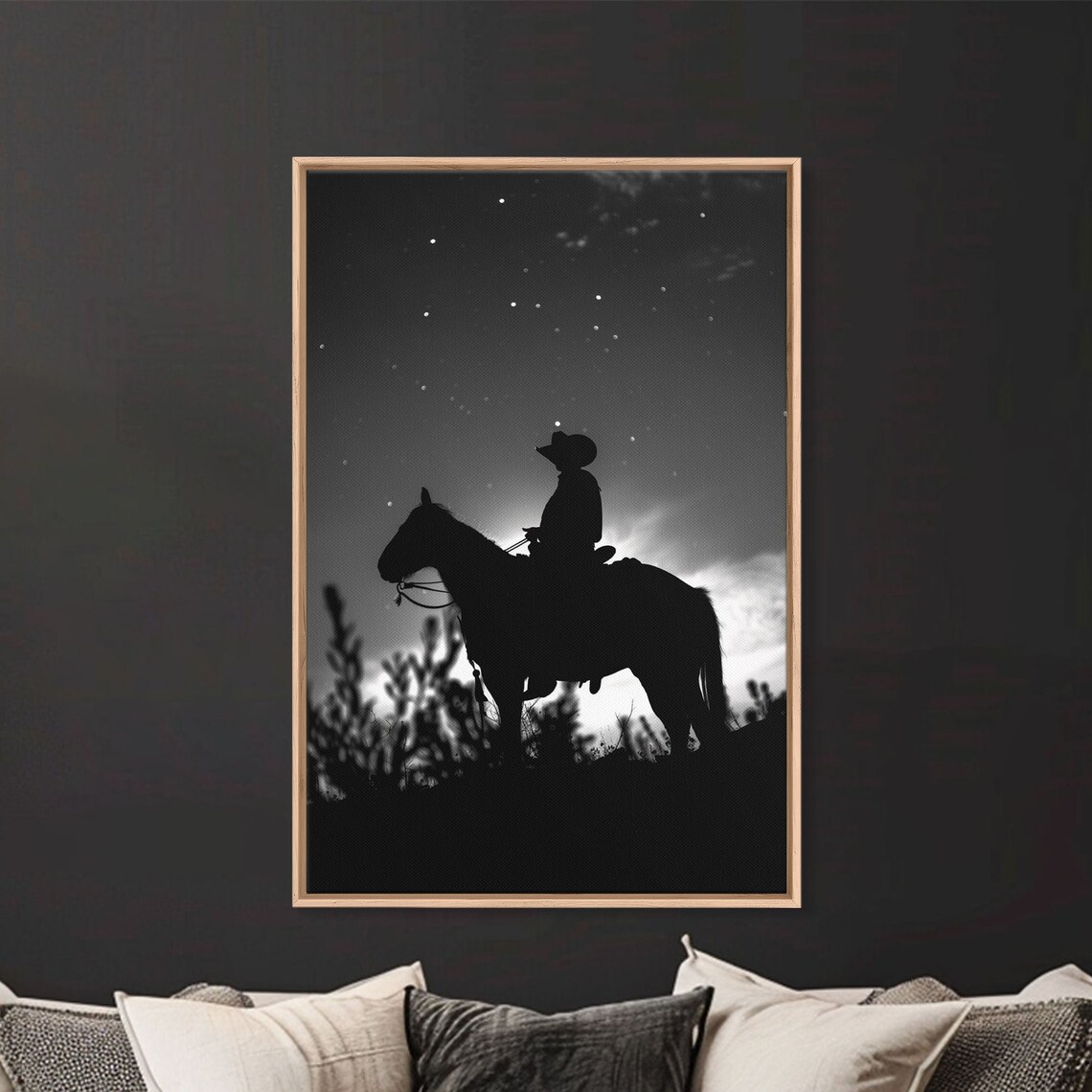Cowboy On Horseback Under Starry Night Sky Art Print - Image 3