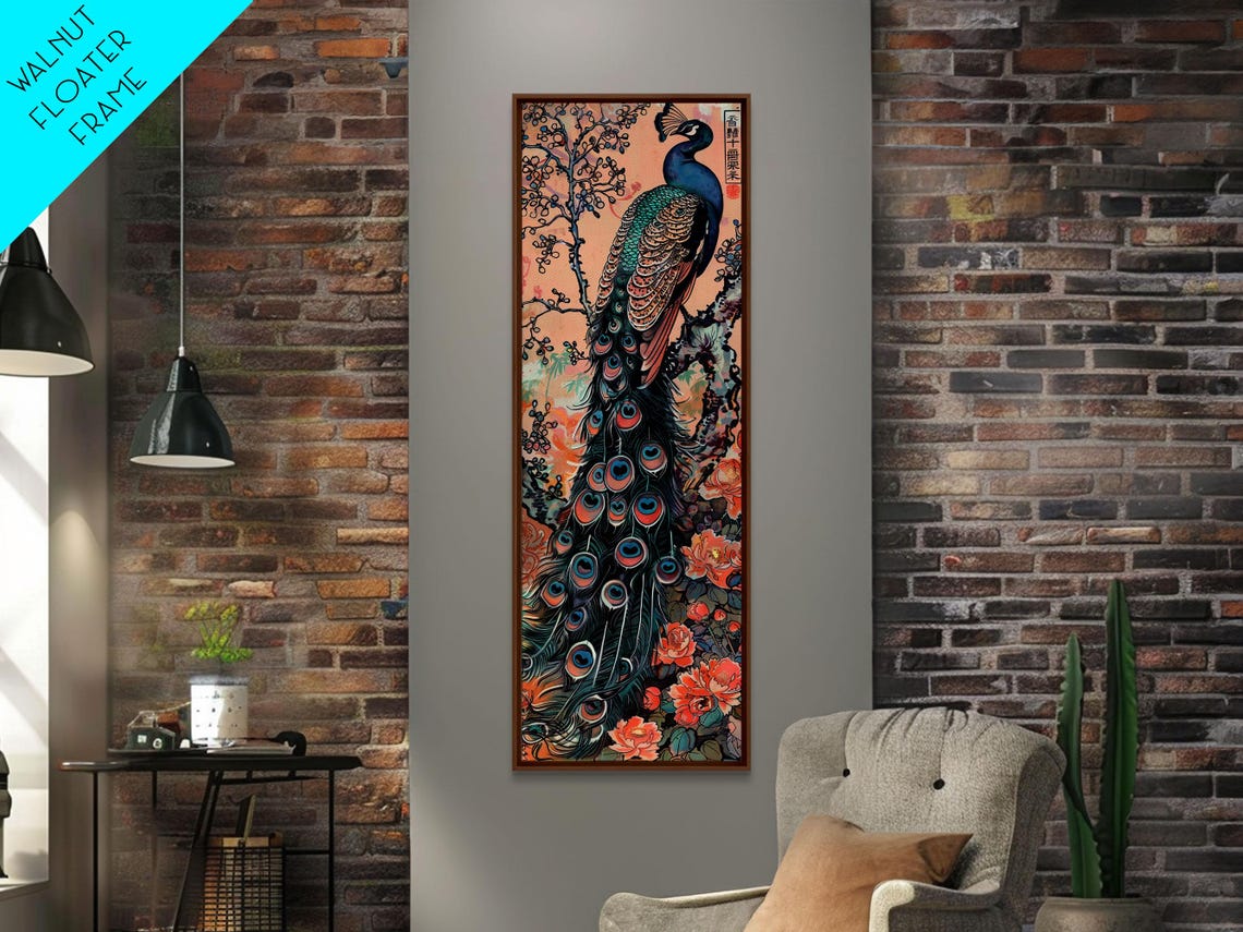 Elegant Peacock Peony Blossoms Peach Background Japanese Art Poster - Image 6