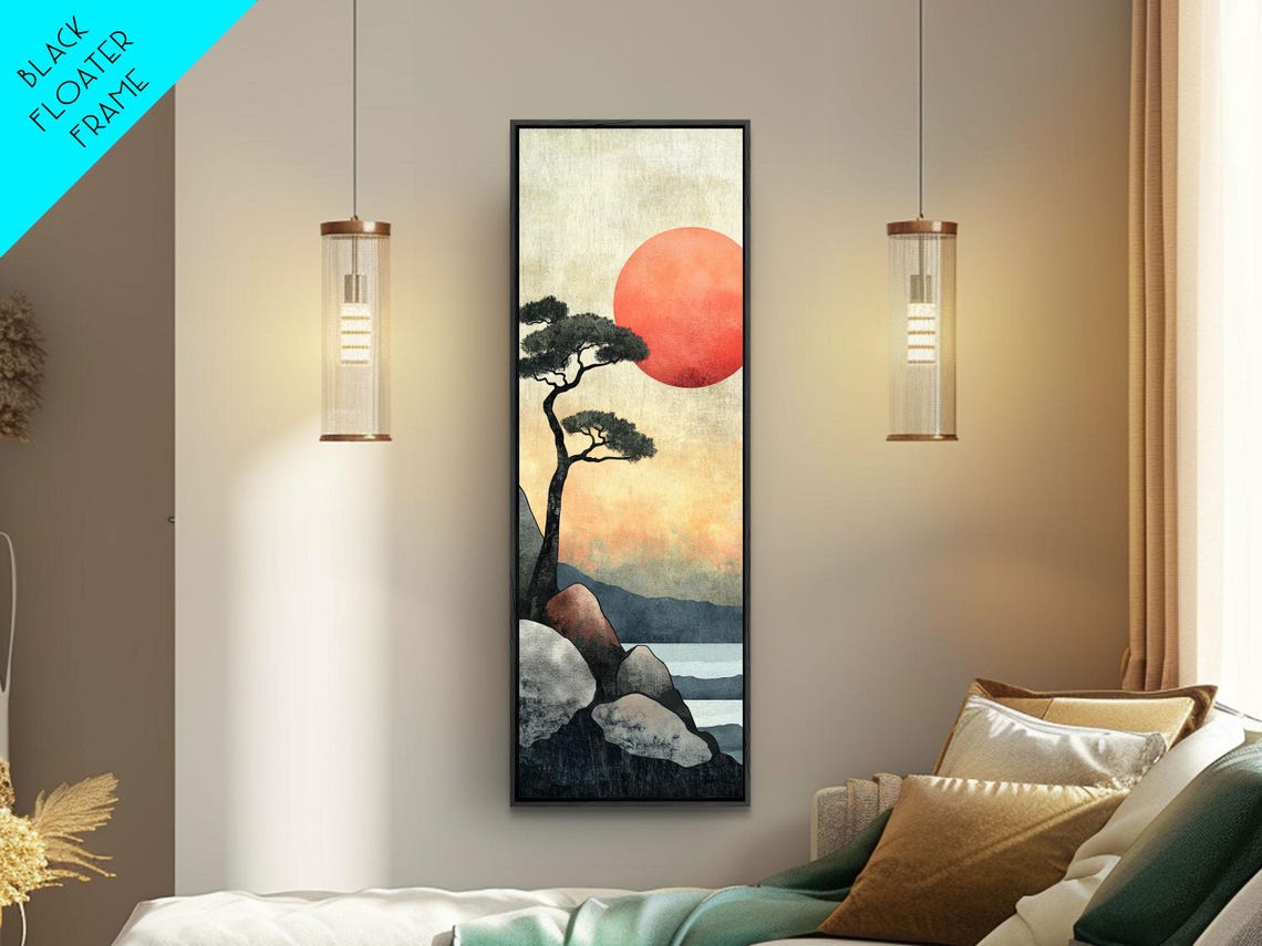 Japanese Red Sun Sunset Pine Tree Rocky Coast Watercolor Poster - Image 2