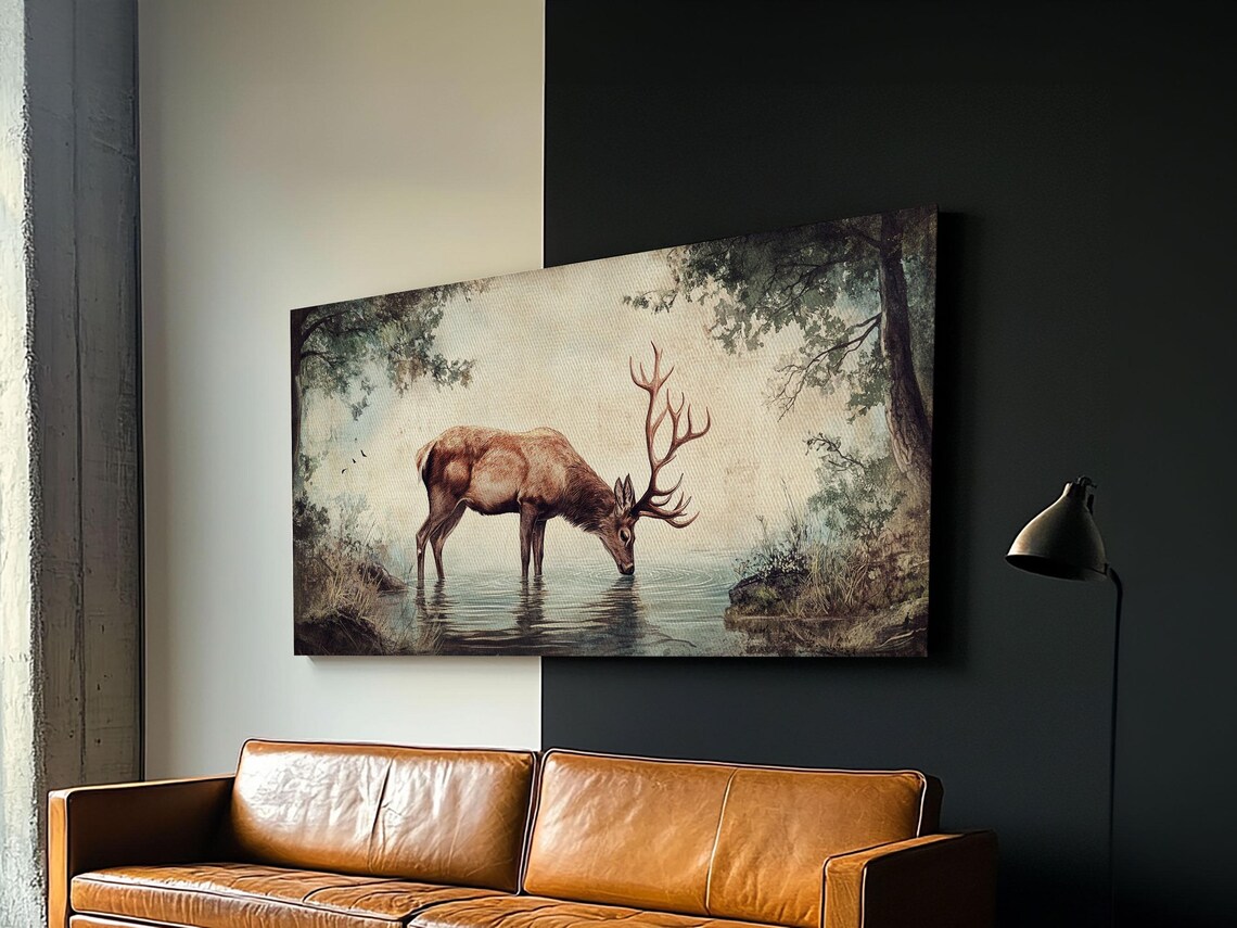 Elk Drinking Water in the Forest, Rustic Cabin Art Print - Image 2