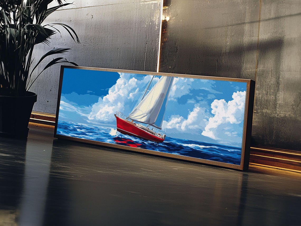 Red Sailboat Bright Blue Sea Pop Art Panoramic Nautical Wall Poster - Image 6