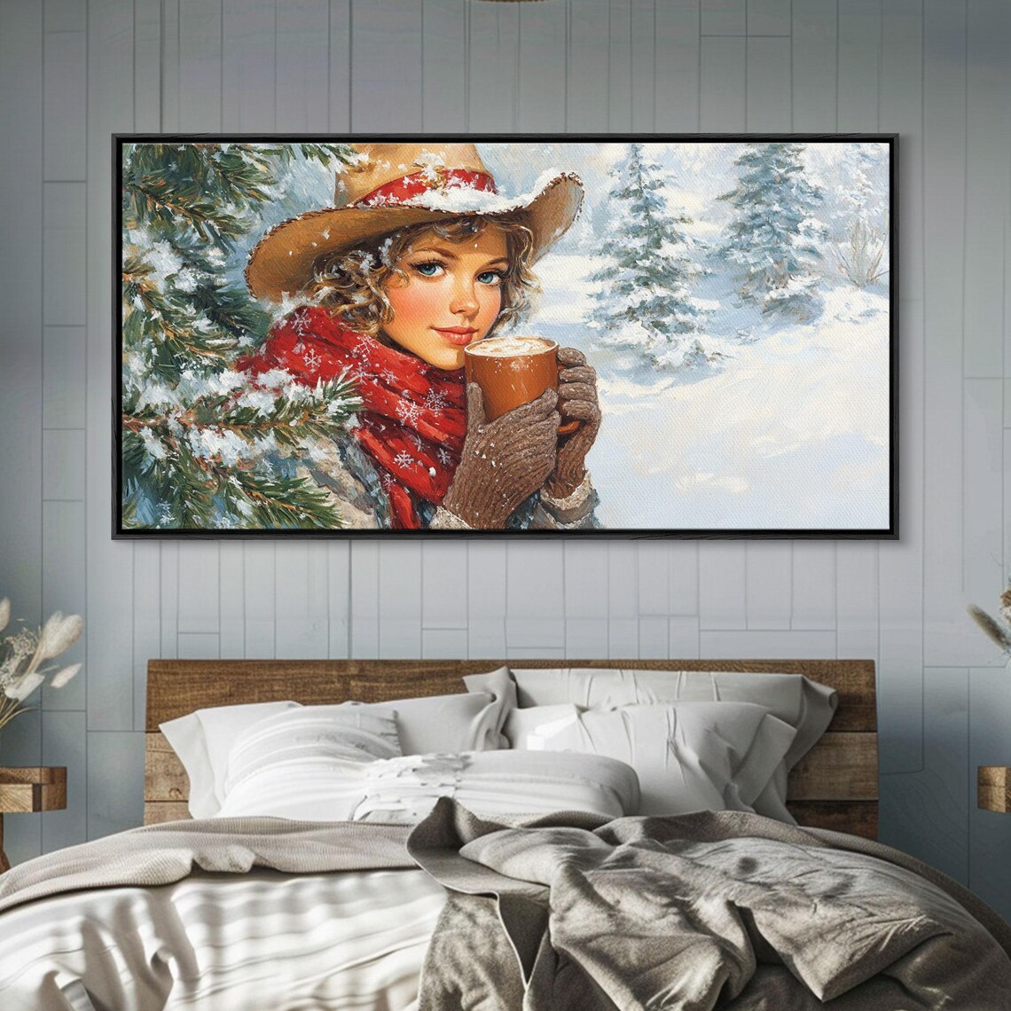 Young Cowgirl Sipping Cocoa In Snowy Pine Forest Winter Cozy Poster - Image 2