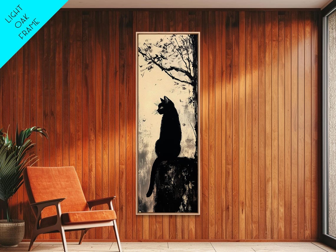Black Cat Silhouette Night Branch Minimalist Ink Wash Wall Art - Image 3