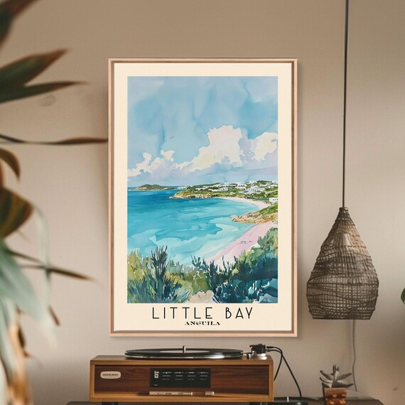 Little Bay Anguilla Turquoise Bay White Houses Coastal View Watercolor Poster
