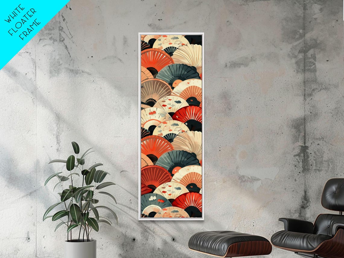 Overlapping Japanese Folding Fans Red Cream Teal Tall Art Poster - Image 2