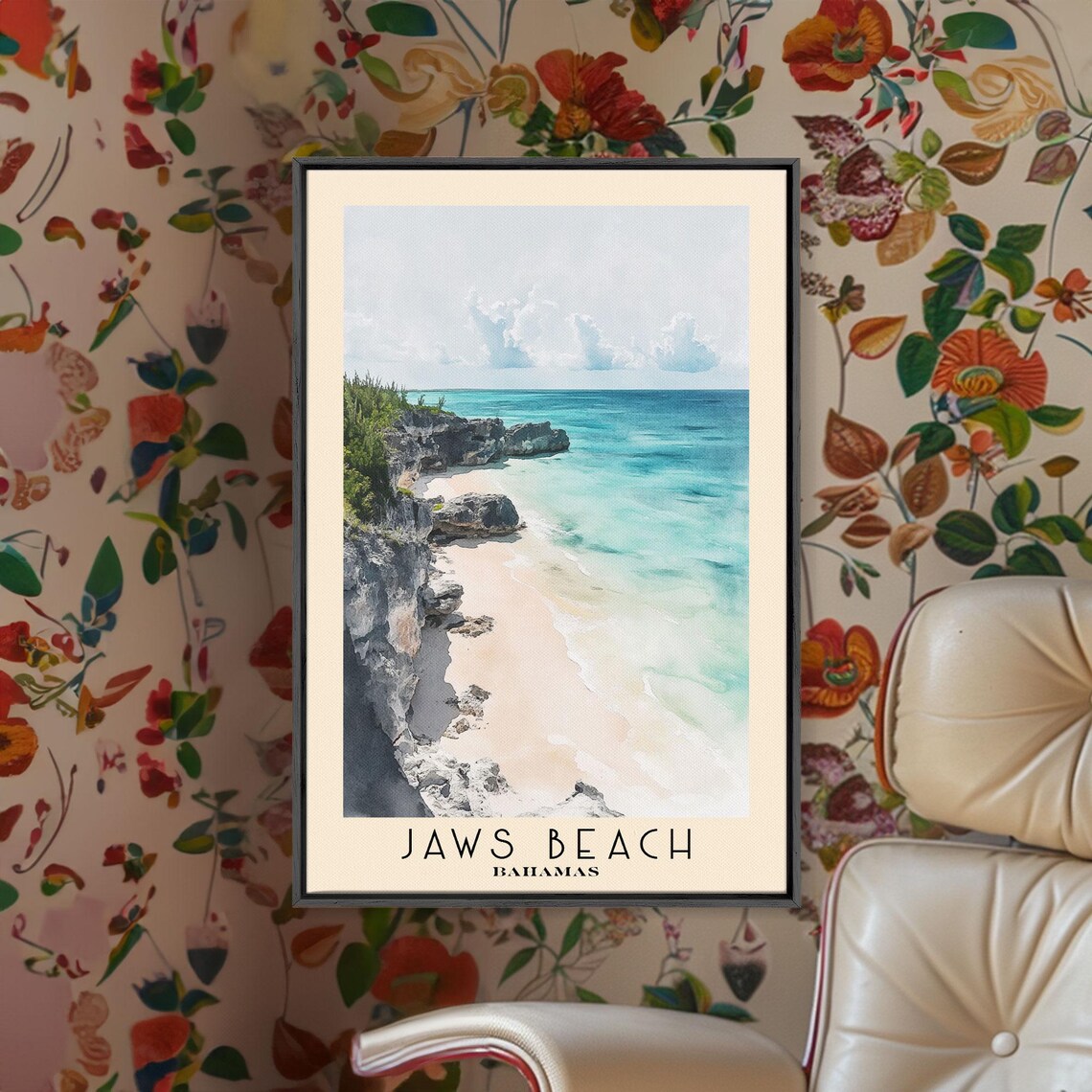 Jaws Beach Bahamas Turquoise Cove Rocky Cliffs Watercolor Travel Poster - Image 2