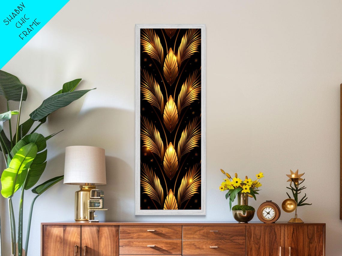 Gold Palm Leaf Feathers Pattern Black Background Art Deco Print - Image 3