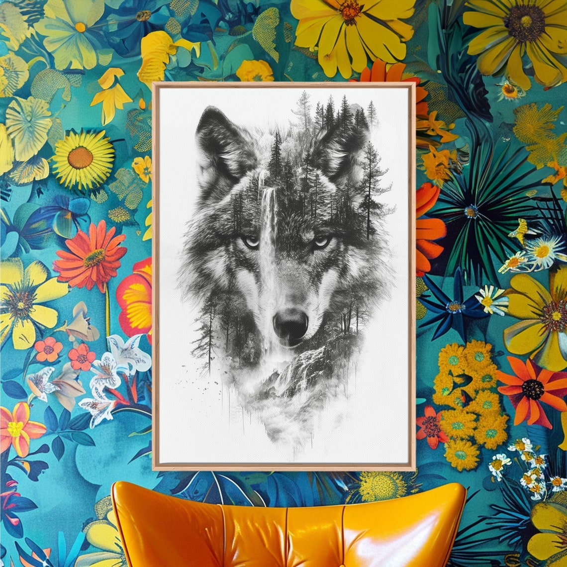 Black and White Wolf Forest Poster with Waterfall Double Exposure - Image 3