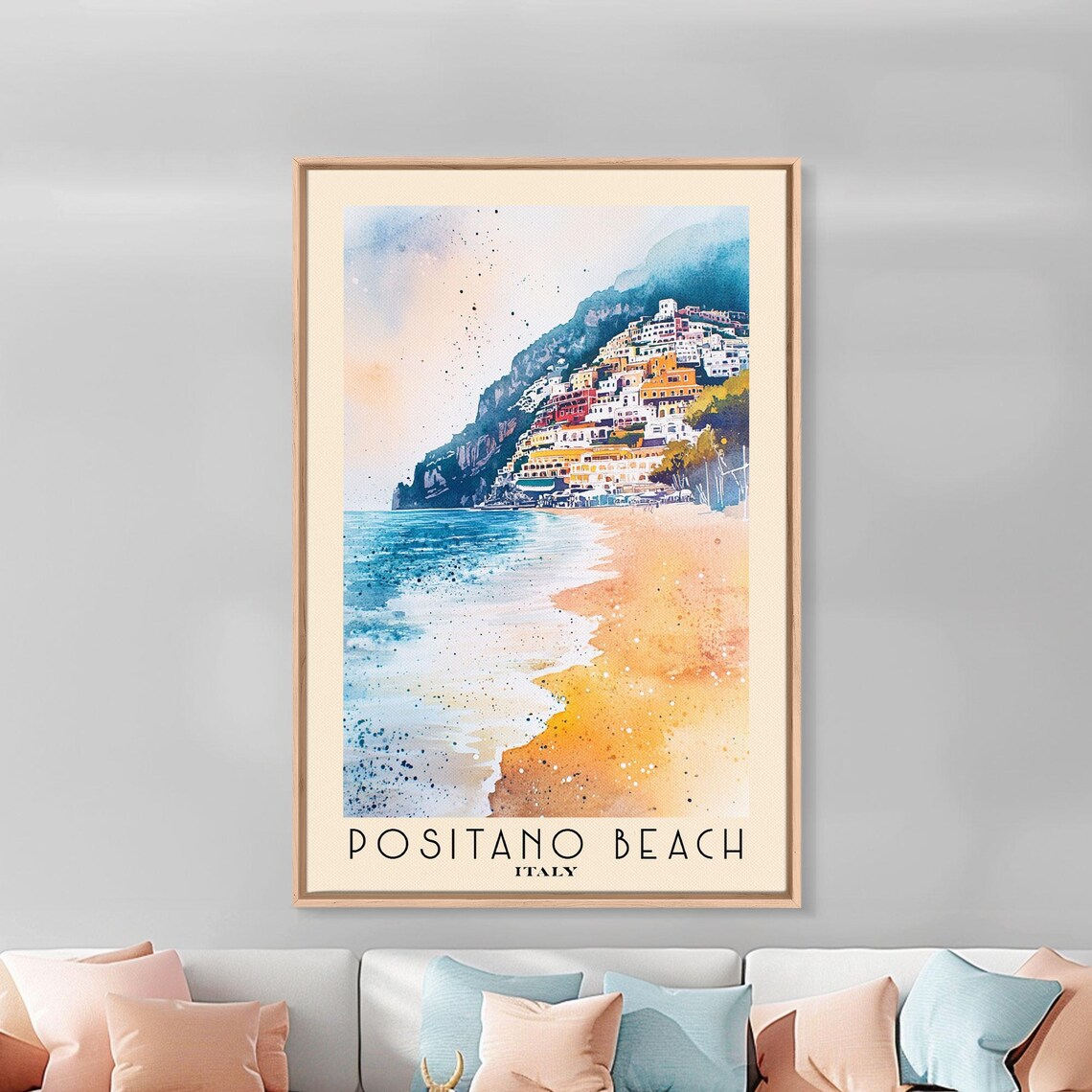 Positano Beach Italy Colorful Cliffside Town Golden Beach Blue Sea Watercolor Poster - Image 3