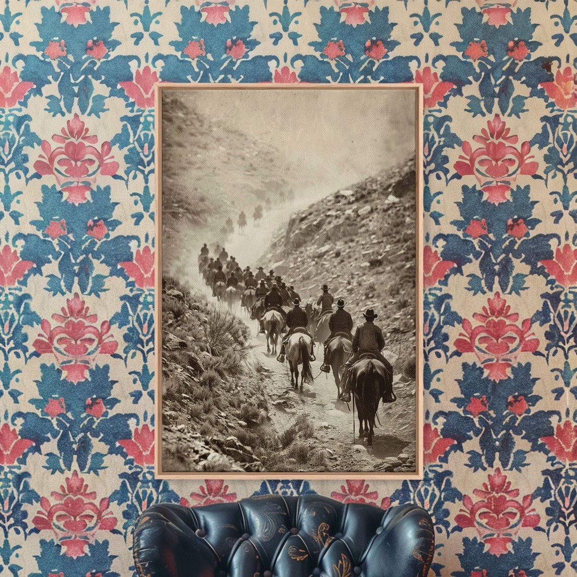 Vintage Cowboys Riding Mountain Trail Sepia Cattle Drive Wall Poster - Image 3