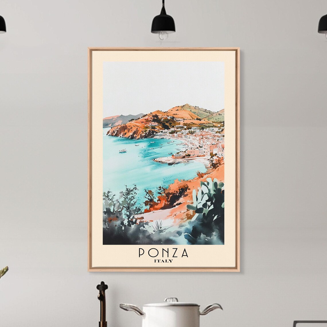 Ponza Italy Turquoise Harbor Pastel Town Cacti Watercolor Travel Poster - Image 6