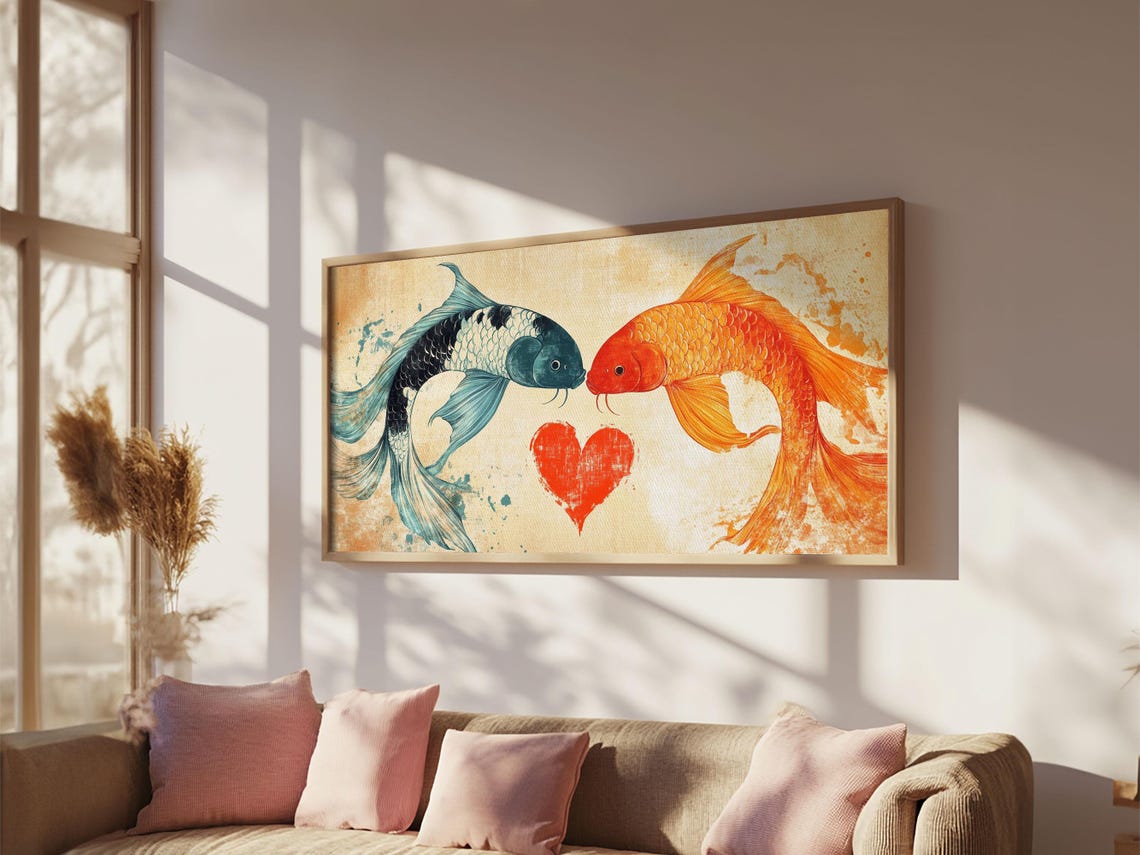 Two Koi Fish Facing Red Heart Love Watercolor Painting Couples Print - Image 3