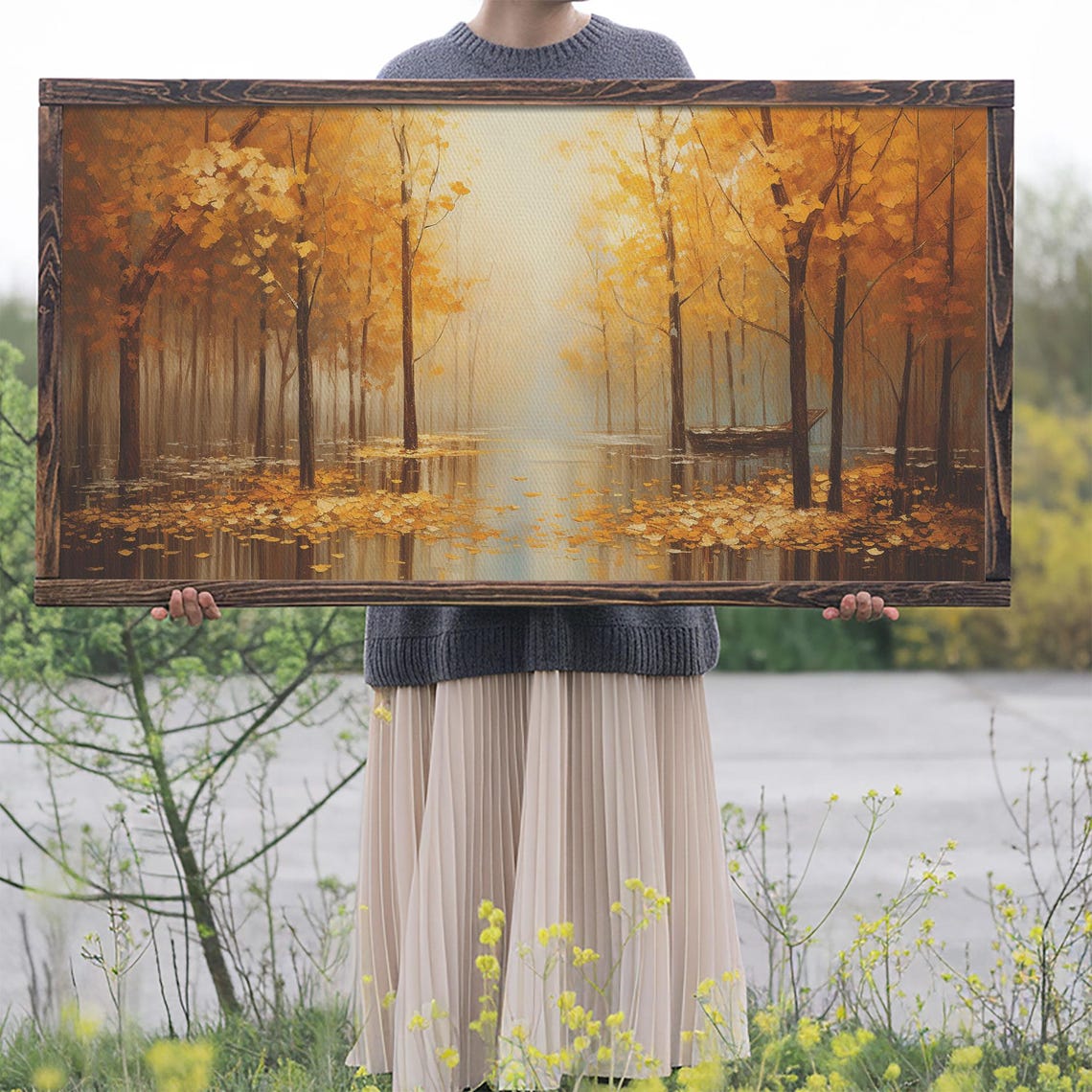 Golden Autumn Forest Flooded Leaves Misty Lake Painting Wall Art - Image 2