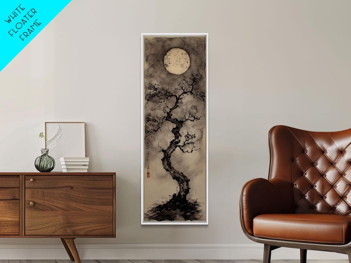 Gnarled Ink Tree Under Pale Moon Japanese Grayscale Zen Art Poster - Image 3