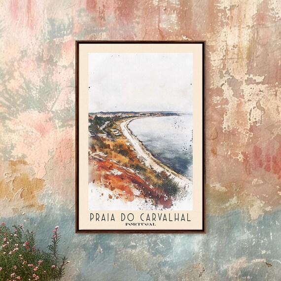 Praia do Carvalhal Portugal Long Sandy Coastline Watercolor Travel Poster