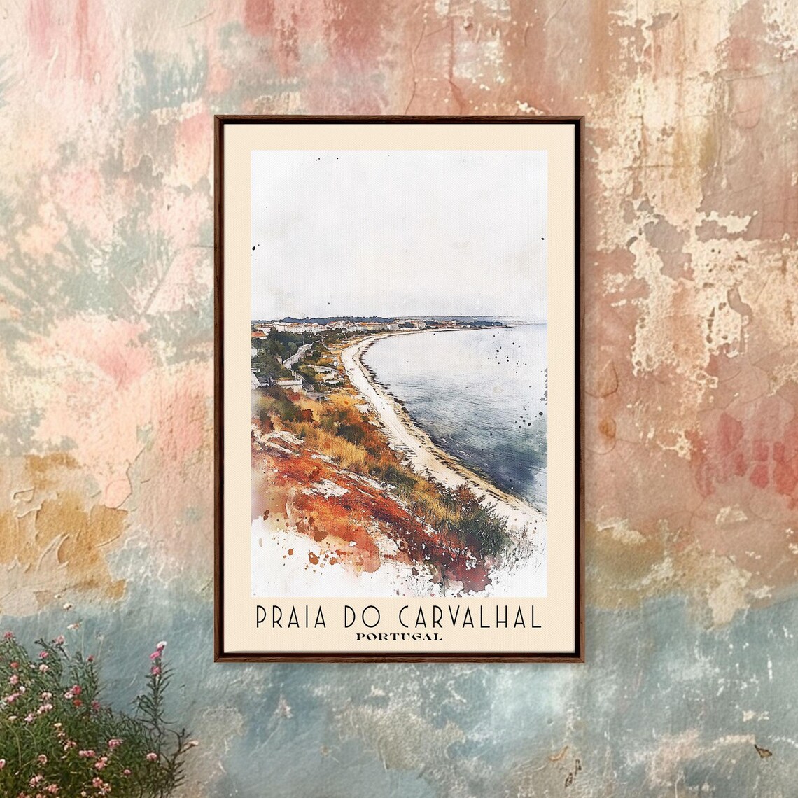 Praia do Carvalhal Portugal Long Sandy Coastline Watercolor Travel Poster