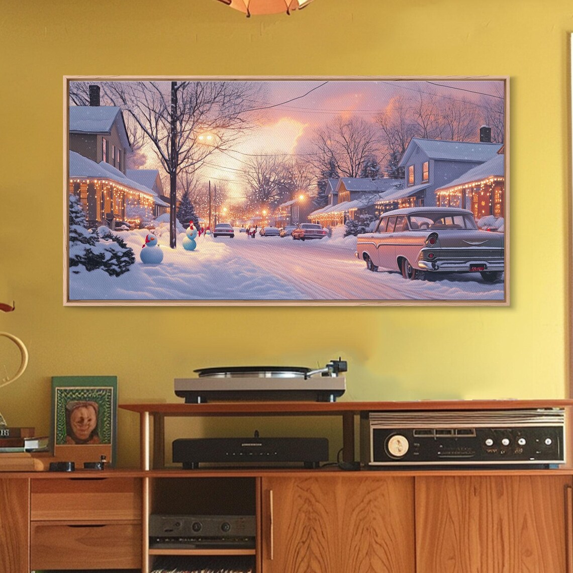 Snowy Suburban Street At Dusk With A Classic Car And Lights Poster - Image 5