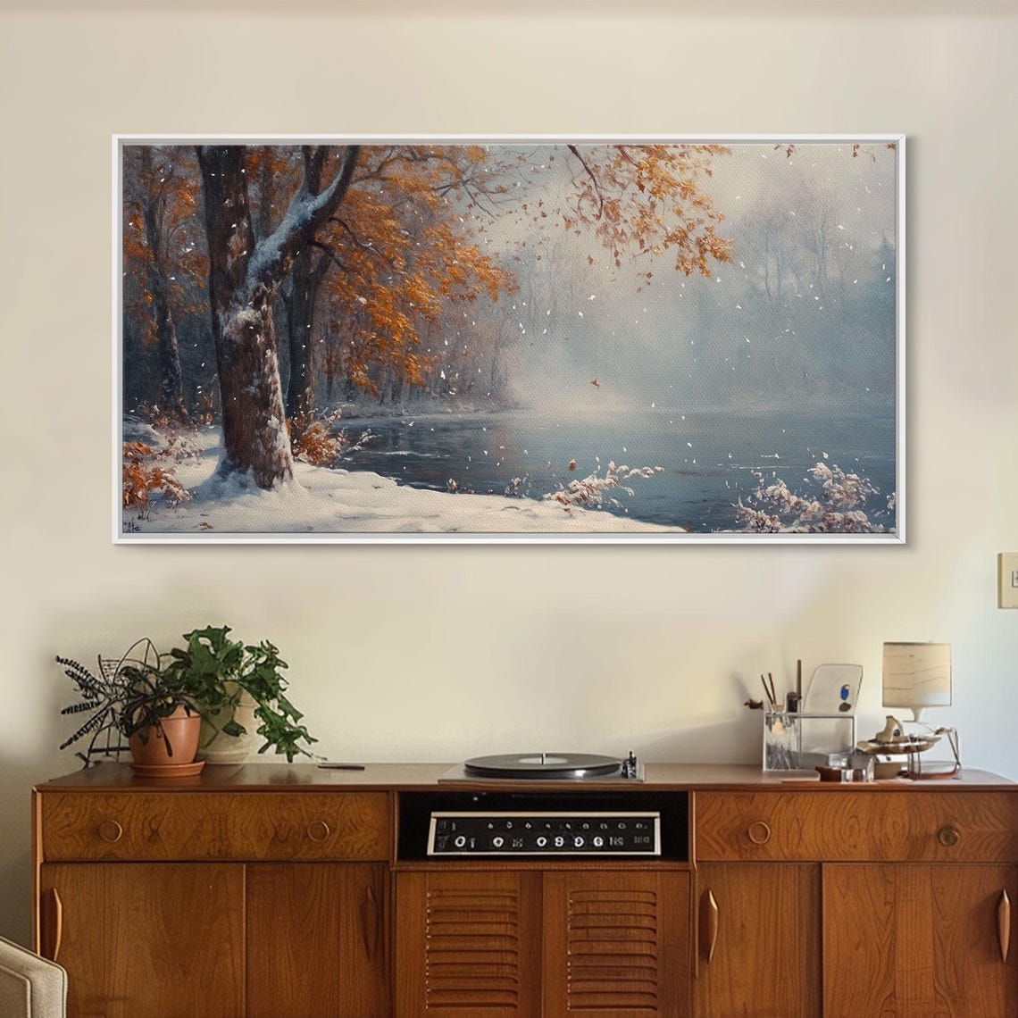 Autumn Lake Scene Golden Trees Falling Snow Icy Water Poster - Image 6