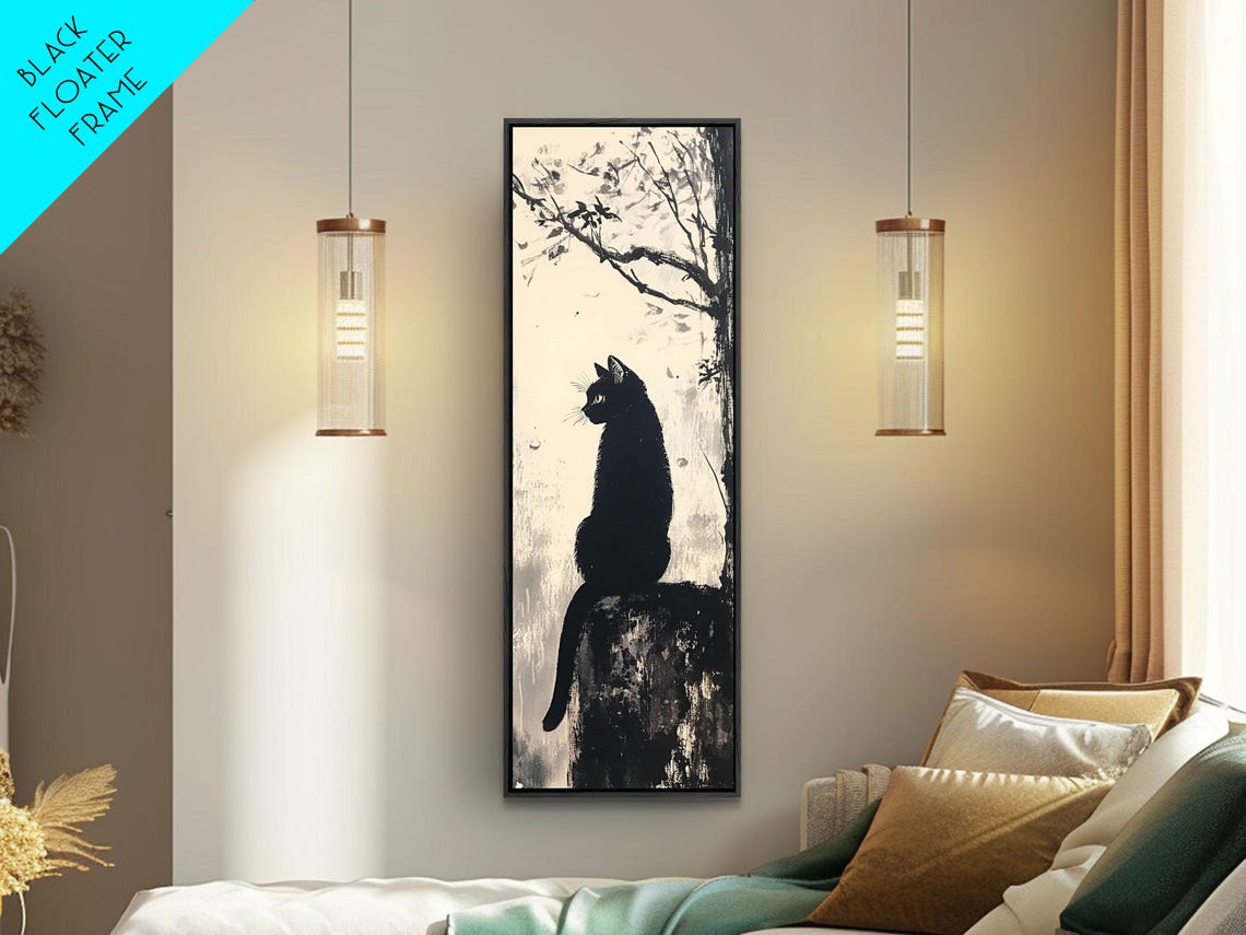 Black Cat Silhouette Night Branch Minimalist Ink Wash Wall Art - Image 4