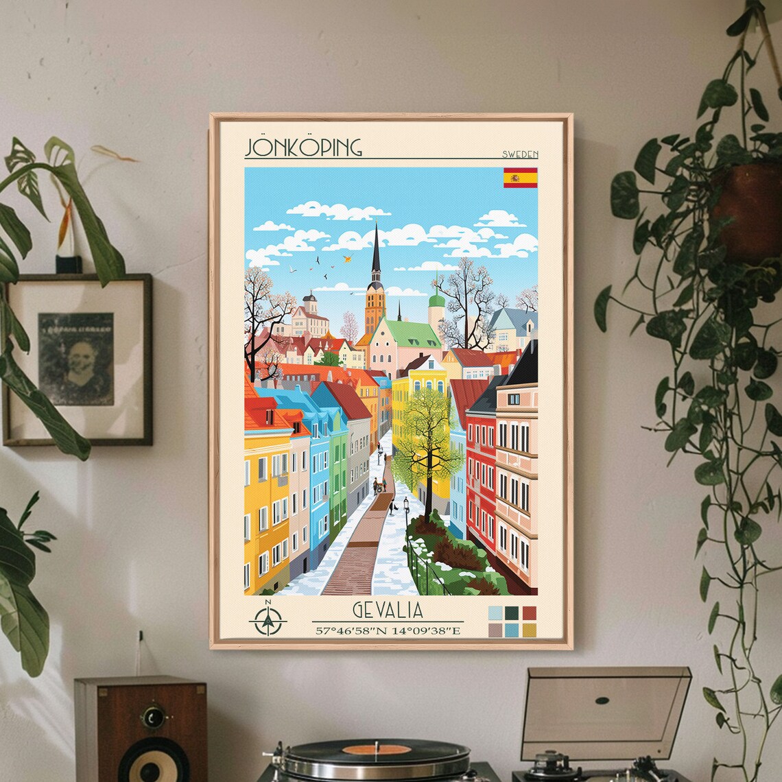 Jonkoping Sweden Snowy Winter Old Town Street Church Spire Poster - Image 3