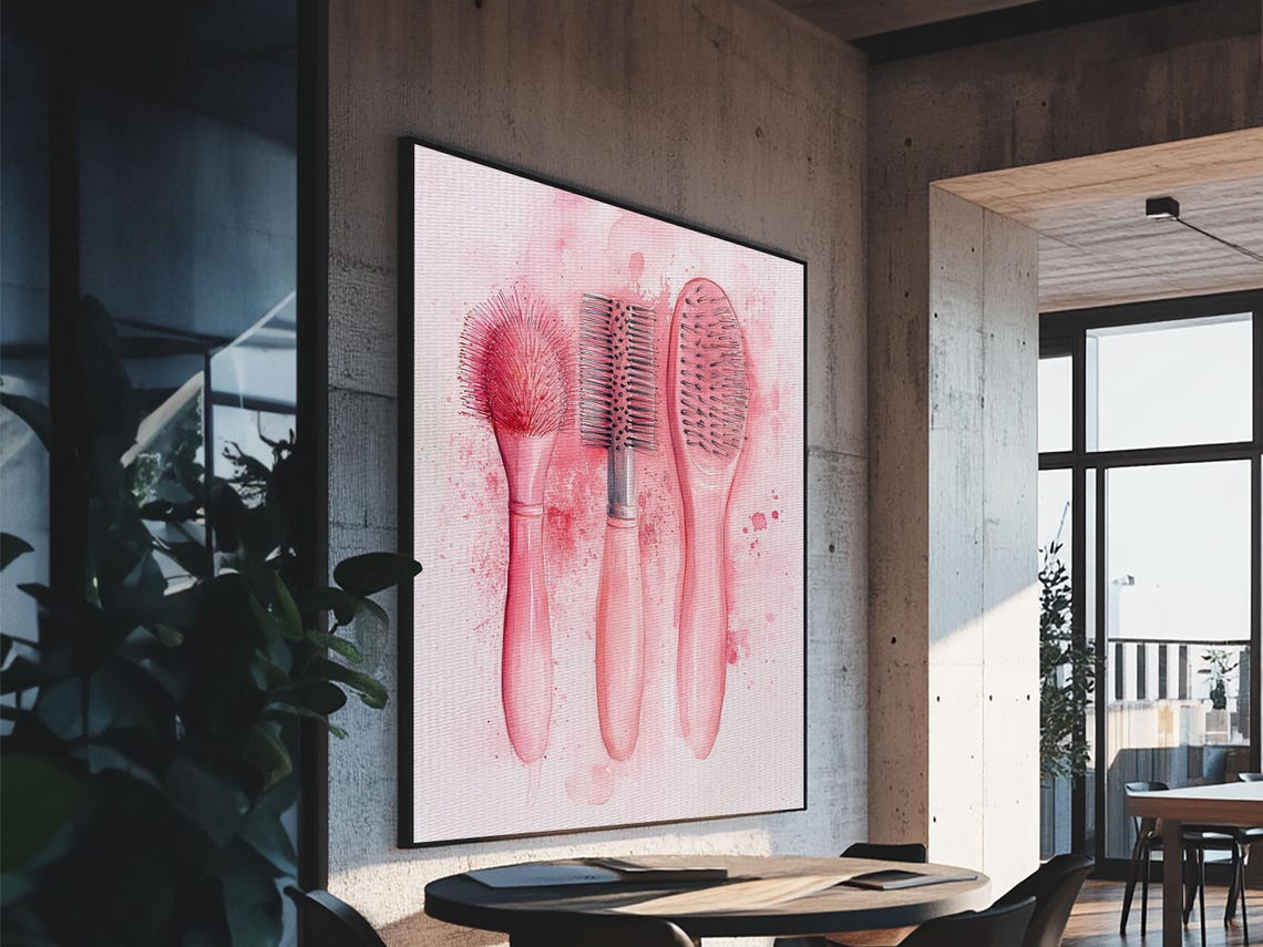 Pink Hairbrushes Watercolor Beauty Salon Chic Feminine Wall Art - Image 3