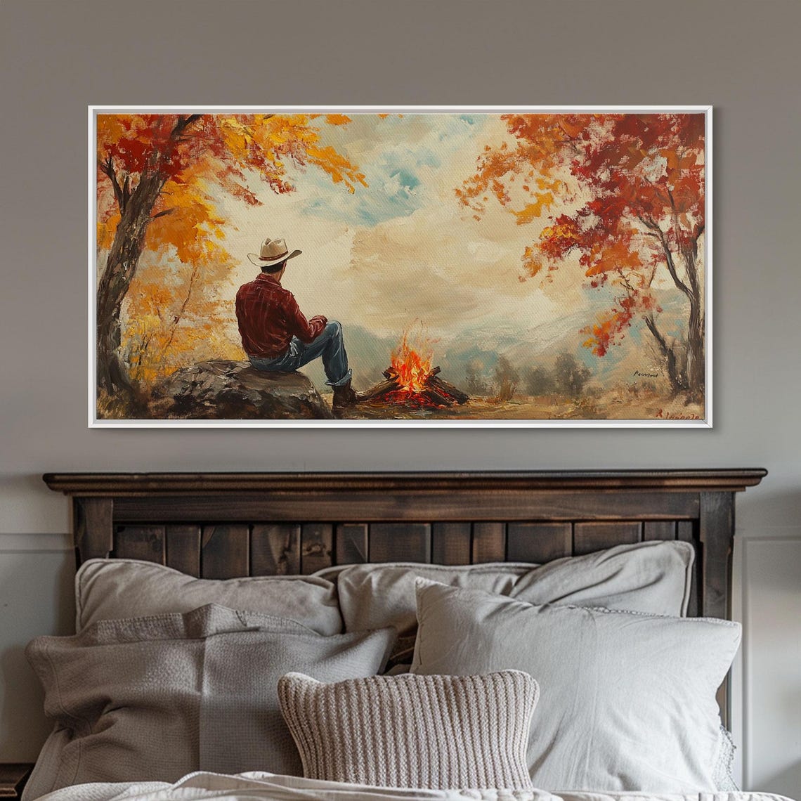 Cowboy Sitting By A Campfire With Autumn Mountains Behind Art Print - Image 4