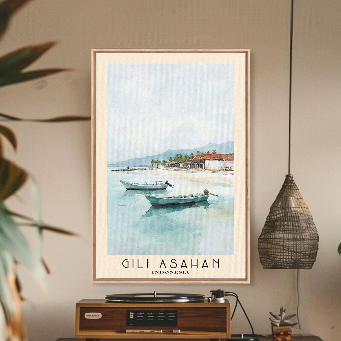 Gili Asahan Indonesia Fishing Boats Anchored Calm Water Beach Harbor Watercolor Poster