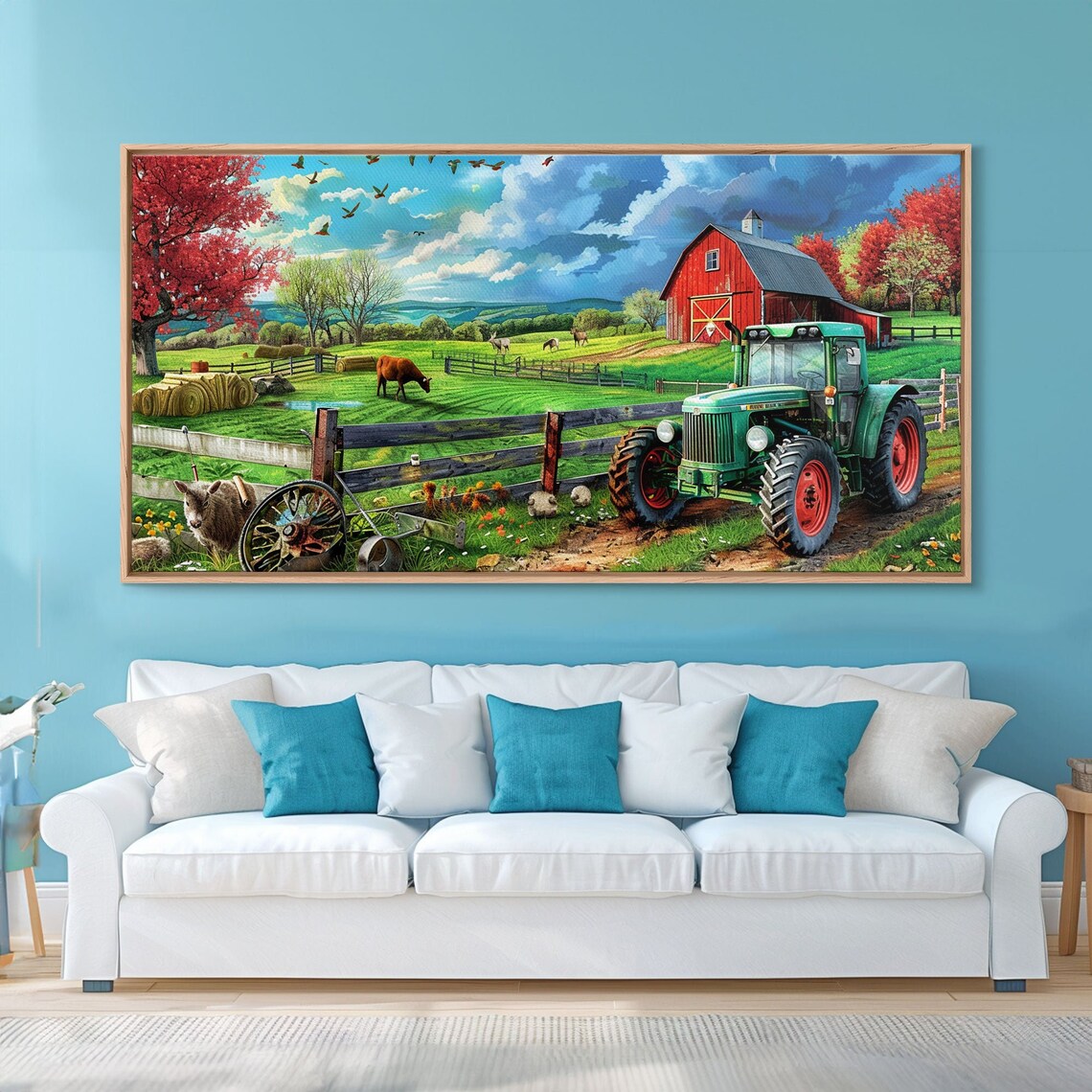 Green Tractor Red Barn Pasture Cows Country Farm Landscape Art Poster
