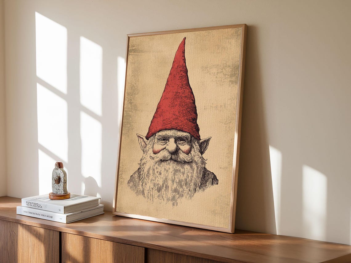 Gnome Portrait Red Hat Sepia Sketch Vintage Christmas Character Poster