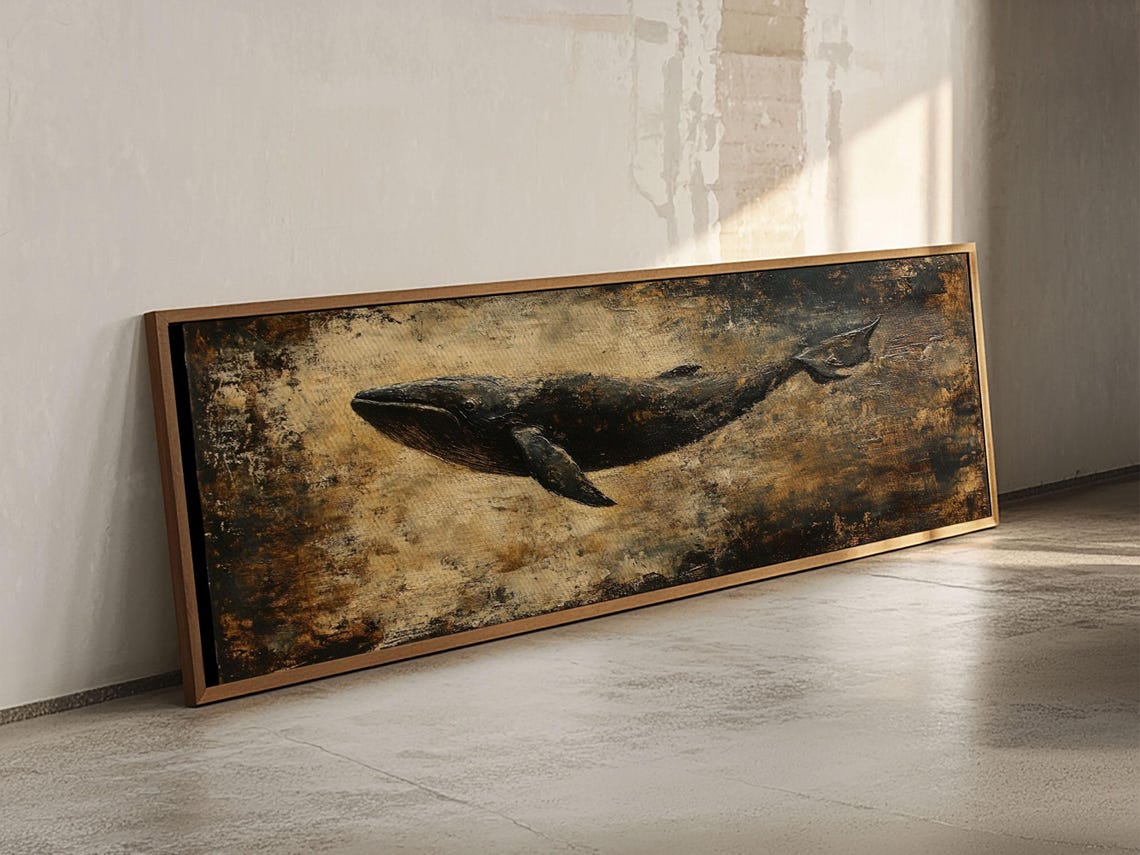 Dark Moody Whale Swimming Panoramic Oil Painting Nautical Wall Poster - Image 2