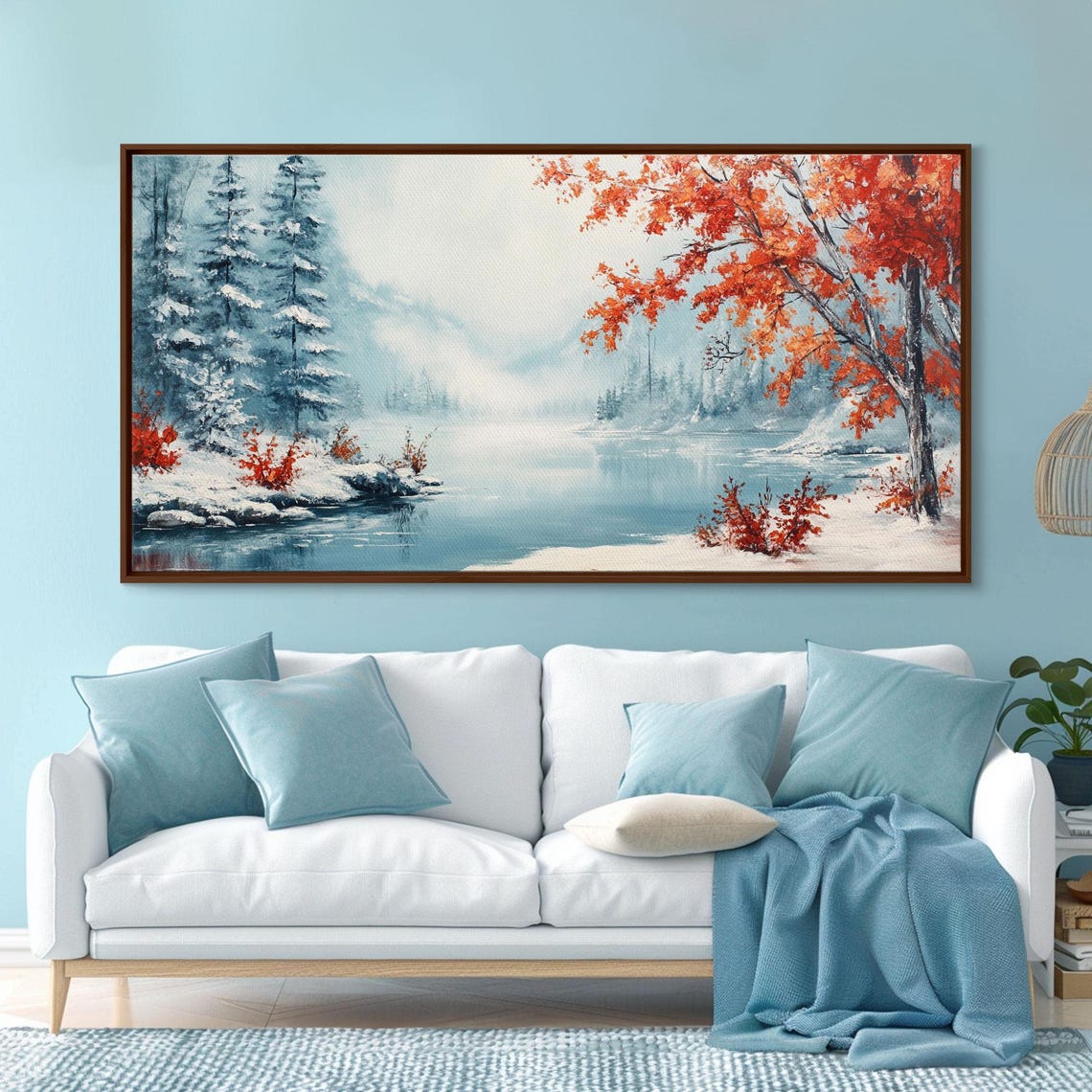 Winter Lake Snowy Pines Red Autumn Tree Icy Shoreline Landscape Poster - Image 4