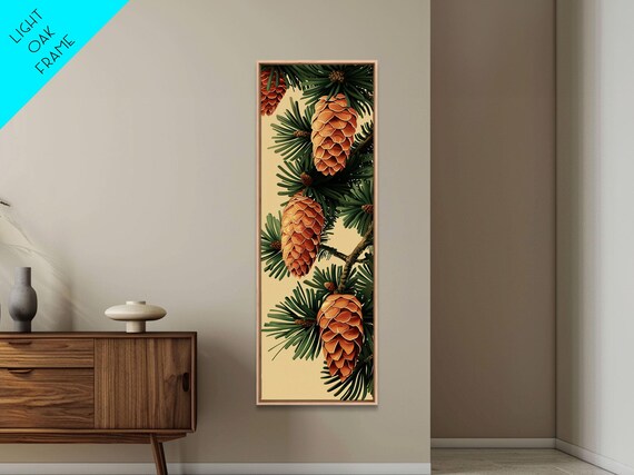 Pinecones And Green Pine Needles Detailed Wood Block Print Skinny Art Framed Print