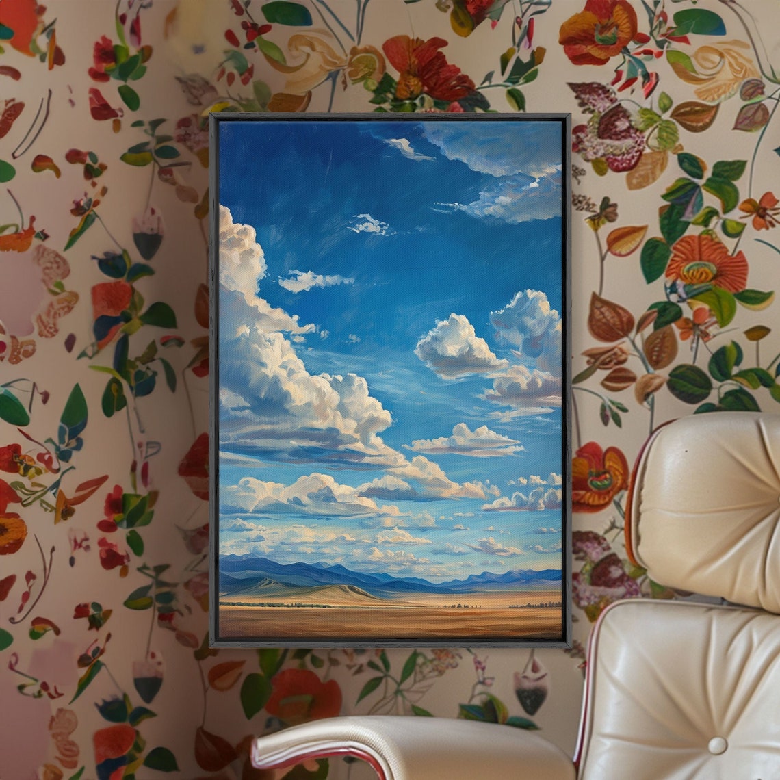 Western Plains Landscape Poster Cloudy Blue Sky Mountain Vista Art