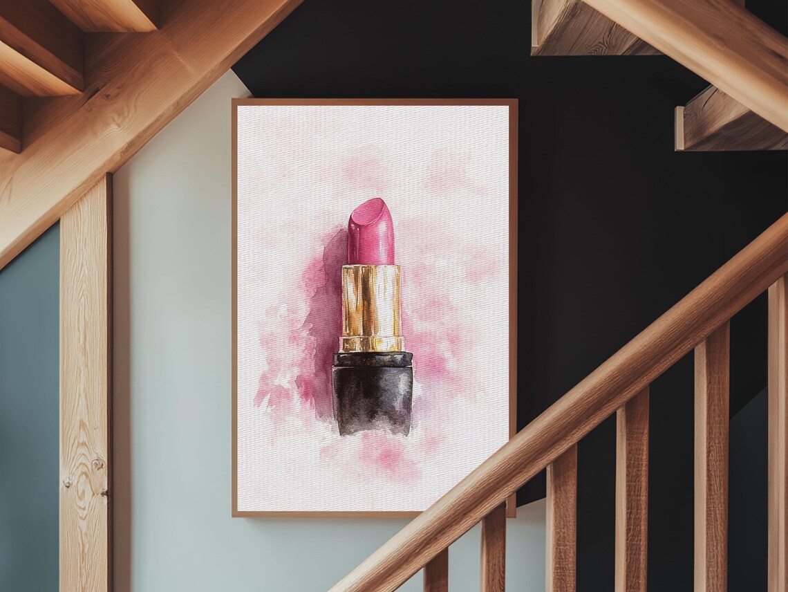 Pink Lipstick In Black And Gold Tube Watercolor Beauty Wall Art Print - Image 5