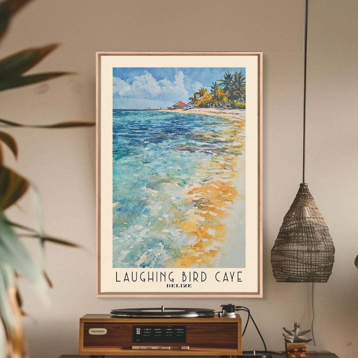 Laughing Bird Caye Belize Palm Lined Shore Beach Hut Watercolor Poster