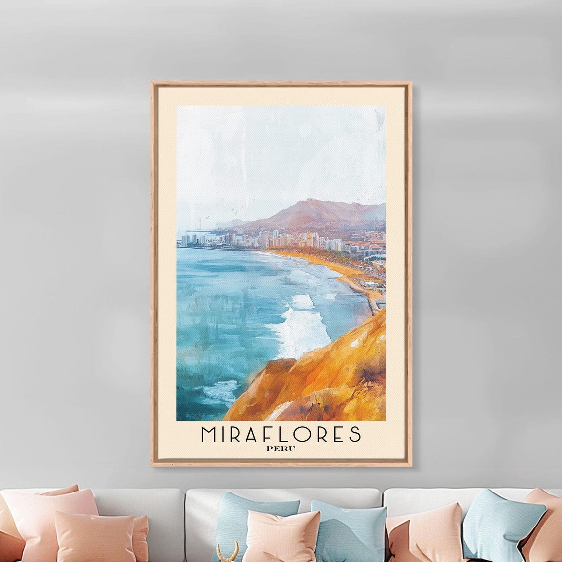 Miraflores Peru Coastal Cliffs City Skyline Sunset Watercolor Poster - Image 3