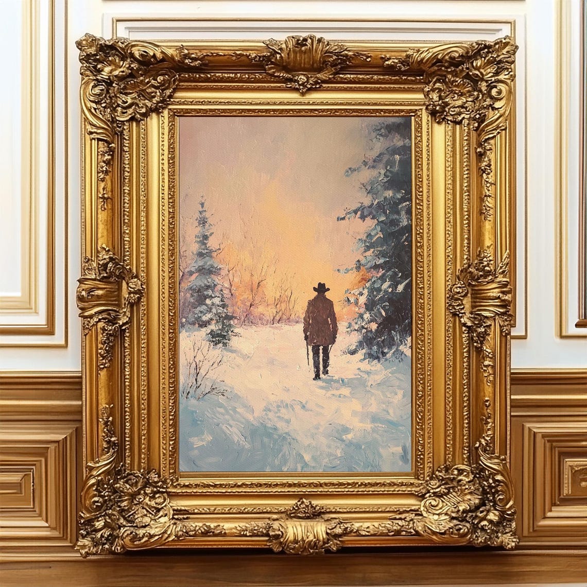 Lone Cowboy Walking Into Snowy Forest Glowing Winter Sunset Poster - Image 2