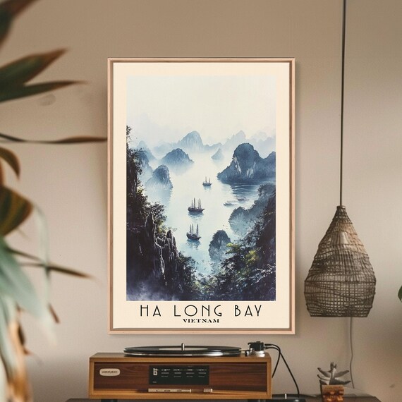 Ha Long Bay Vietnam Misty Limestone Karsts Junk Boats Watercolor Art Poster